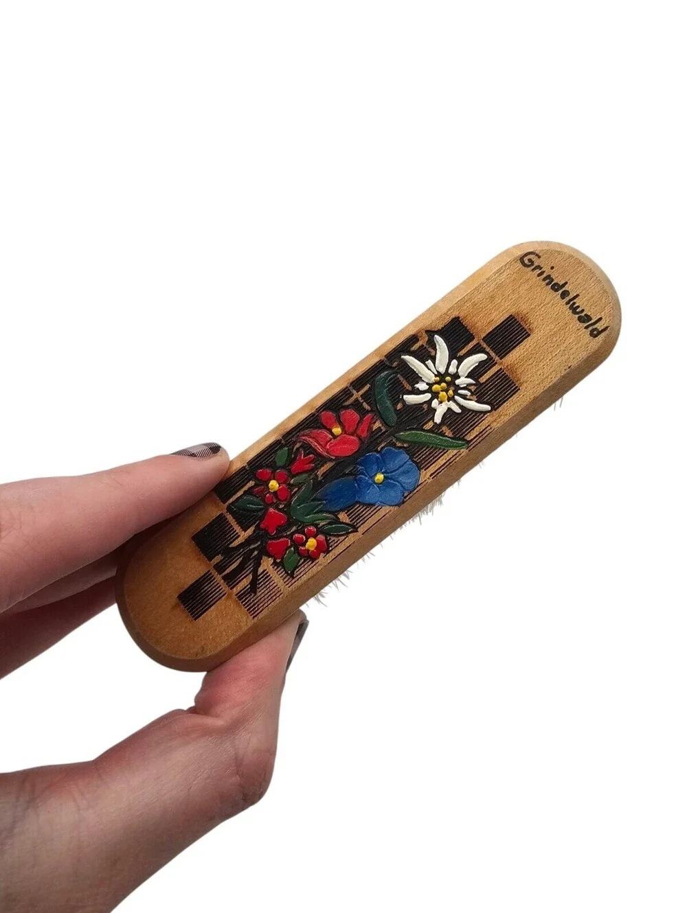 Vintage Grindelwald Switzerland Hand Painted Wooden Handle Brush Floral